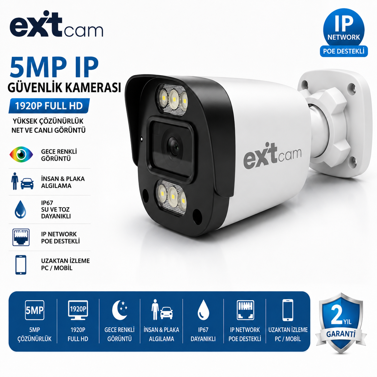 ExitCam 4 Kameralı 5 MP IP PoE Güvenlik Kamera Sistemi (320 GB HDD Takılı, Gece Renkli, Dahili Mikrofonlu) Görsel 2