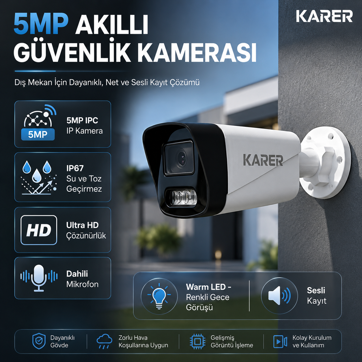 ExitCam 4 Kameralı 5 MP IP PoE Güvenlik Kamera Sistemi (320 GB HDD Takılı, Gece Renkli, Dahili Mikrofonlu) Görsel 10
