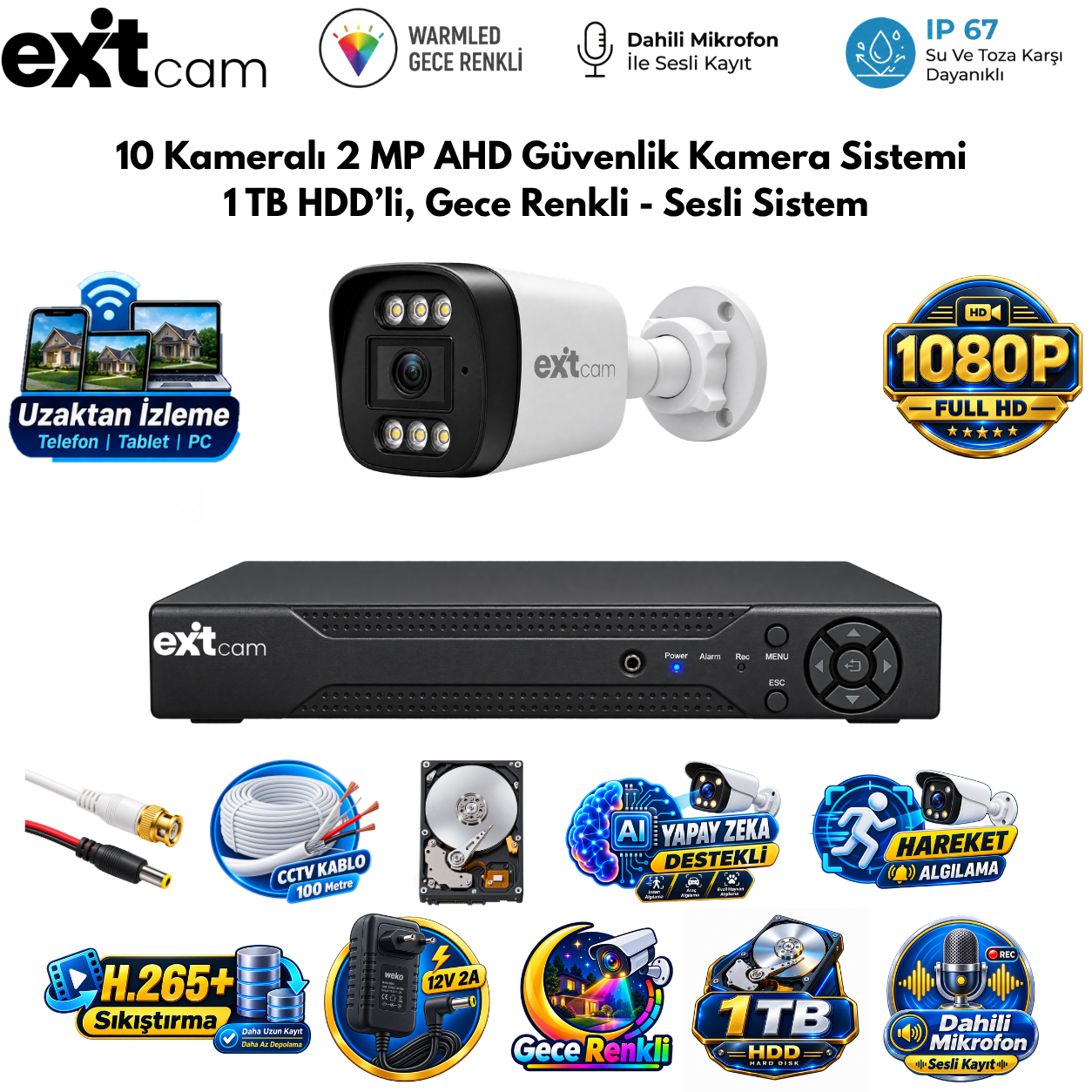 ExitCam 10 Kameralı 2 MP Full HD AHD Güvenlik Kamera Sistemi (1 TB HDD Takılı, Gece Renkli - Sesli Sistem)