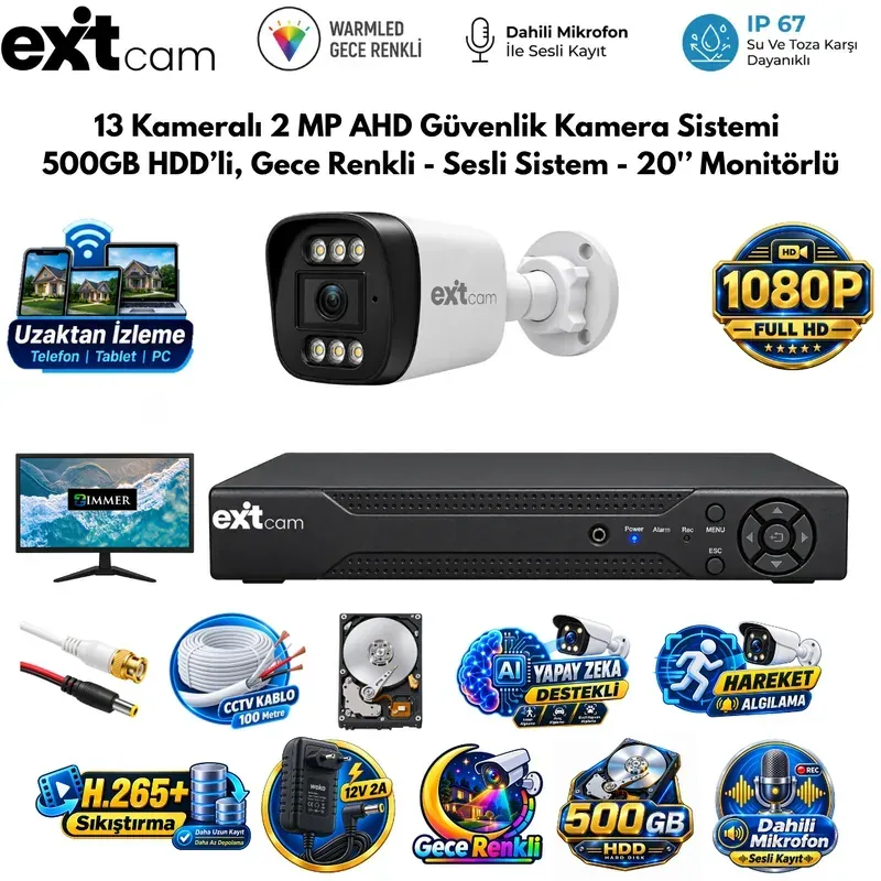 ExitCam 13 Kameralı 2 MP Full HD AHD Güvenlik Kamera Sistemi (500 GB HDD Takılı, Gece Renkli - Sesli Sistem - 20" Monitörlü)