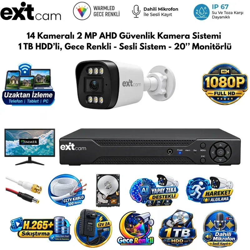 ExitCam 14 Kameralı 2 MP Full HD AHD Güvenlik Kamera Sistemi (1 TB HDD Takılı, Gece Renkli - Sesli Sistem - 20" Monitörlü)