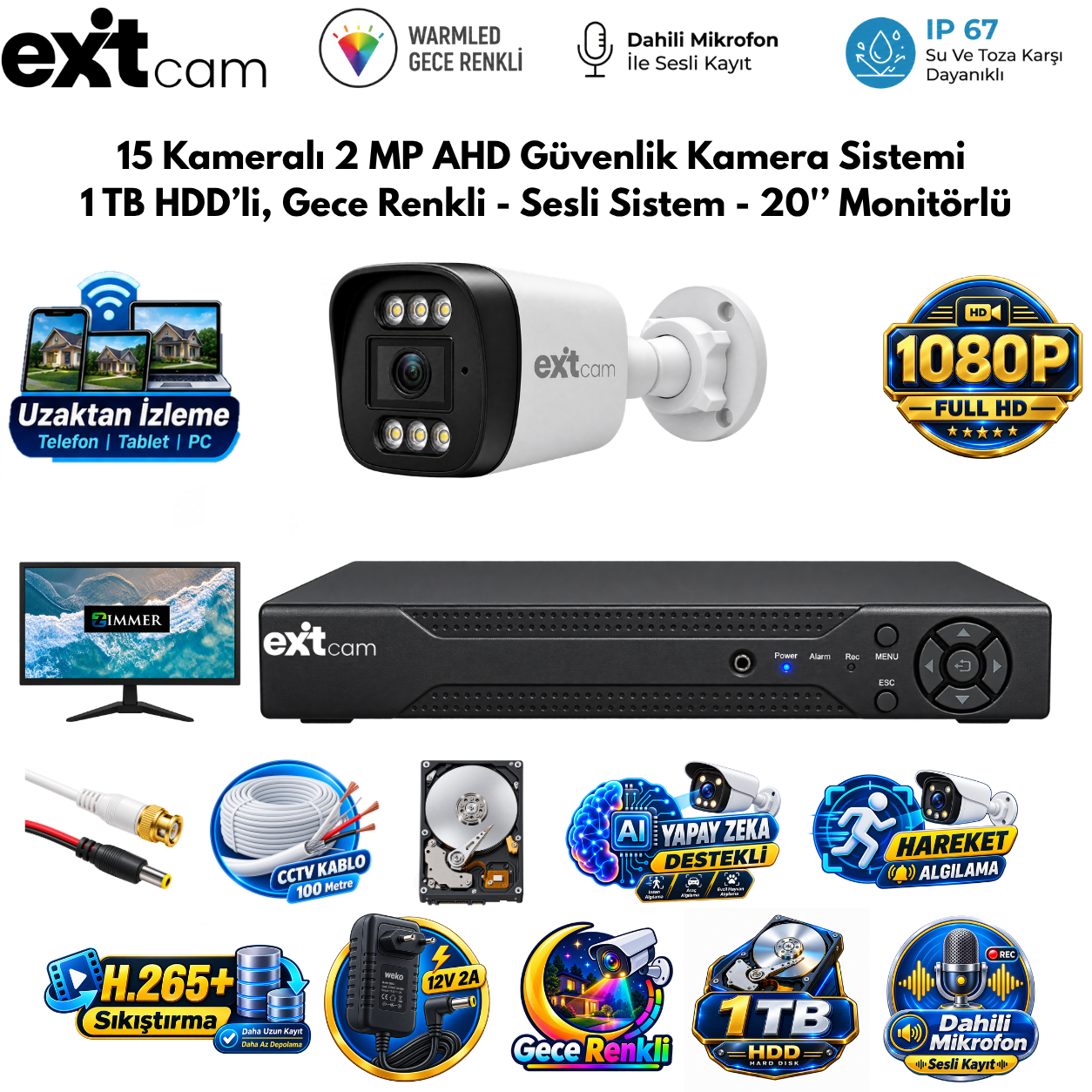 ExitCam 15 Kameralı 2 MP Full HD AHD Güvenlik Kamera Sistemi (1 TB HDD Takılı, Gece Renkli - Sesli Sistem - 20" Monitörlü)