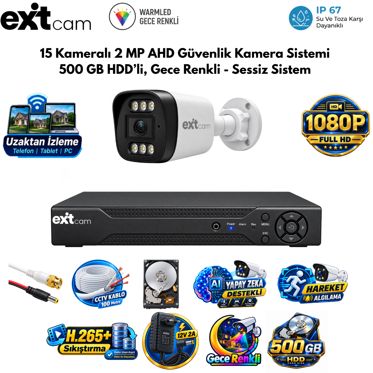 ExitCam 15 Kameralı 2 MP Full HD AHD Güvenlik Kamera Sistemi (500 GB HDD Takılı, Gece Renkli - Sessiz Sistem)