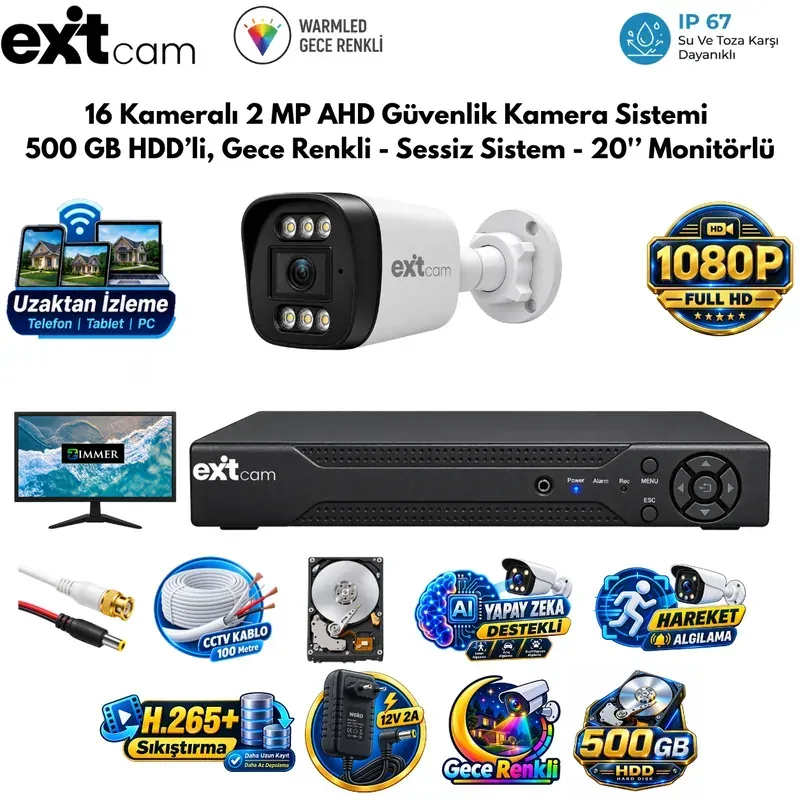 ExitCam 16 Kameralı 2 MP Full HD AHD Güvenlik Kamera Sistemi (500 GB HDD Takılı, Gece Renkli - Sessiz Sistem - 20" Monitörlü)
