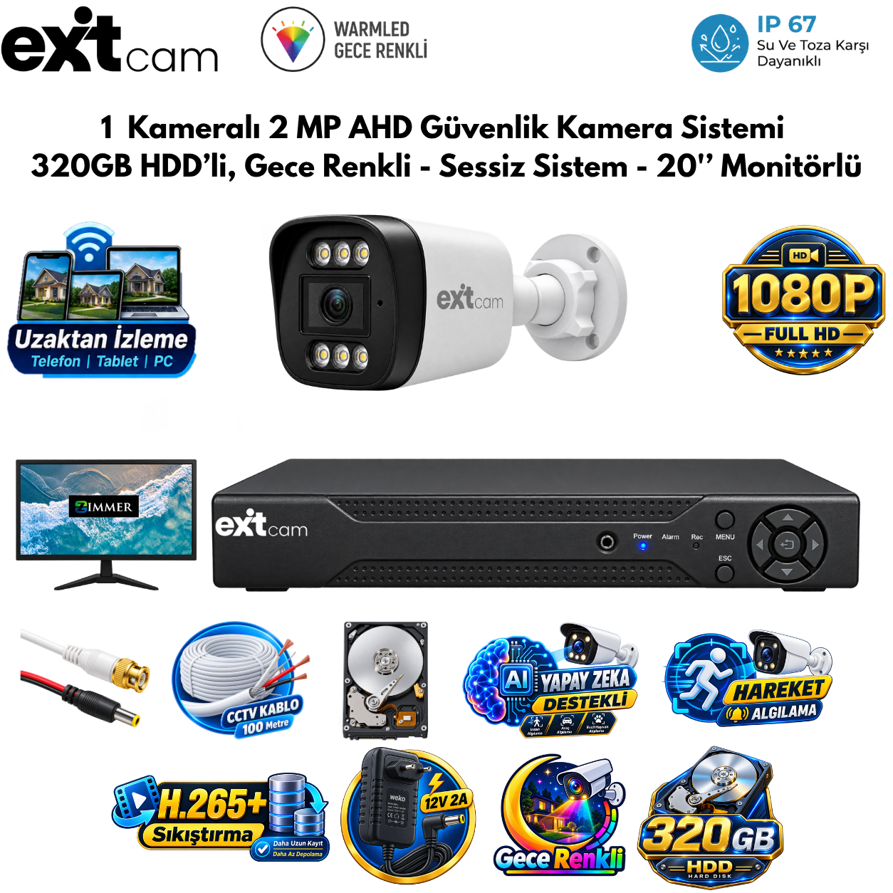ExitCam 1 Kameralı 2 MP Full HD AHD Güvenlik Kamera Sistemi (320 GB HDD Takılı, Gece Renkli - Sessiz Sistem - 20" Monitörlü)