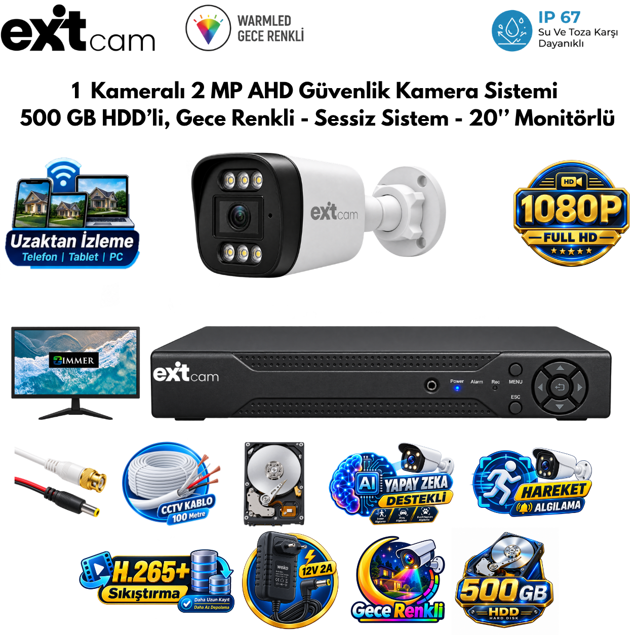 ExitCam 1 Kameralı 2 MP Full HD AHD Güvenlik Kamera Sistemi (500 GB HDD Takılı, Gece Renkli - Sessiz Sistem - 20" Monitörlü)