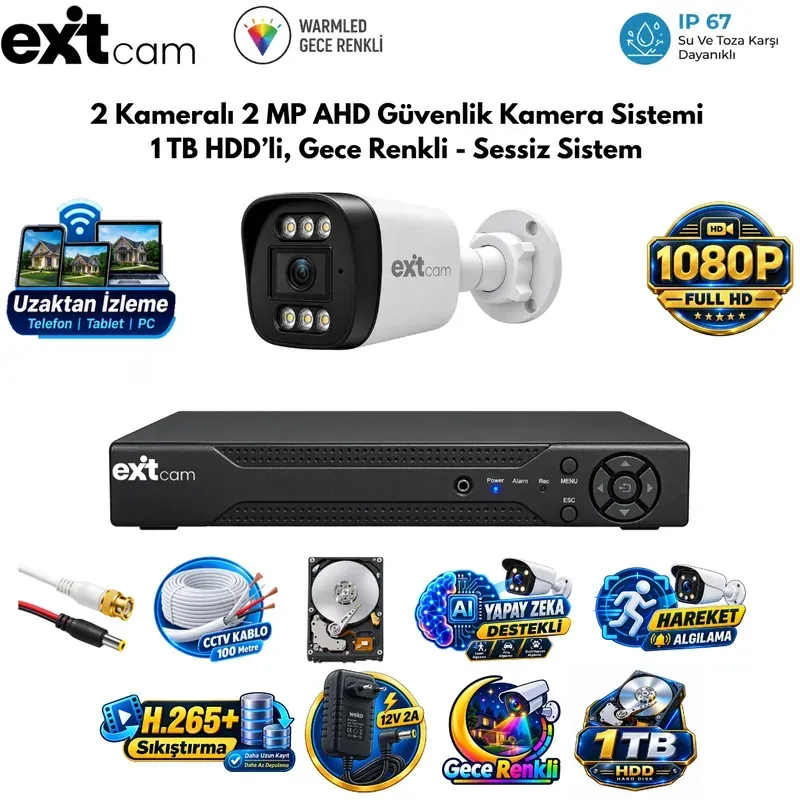 ExitCam 2 Kameralı 2 MP Full HD AHD Güvenlik Kamera Sistemi (1 TB HDD Takılı, Gece Renkli - Sessiz Sistem)
