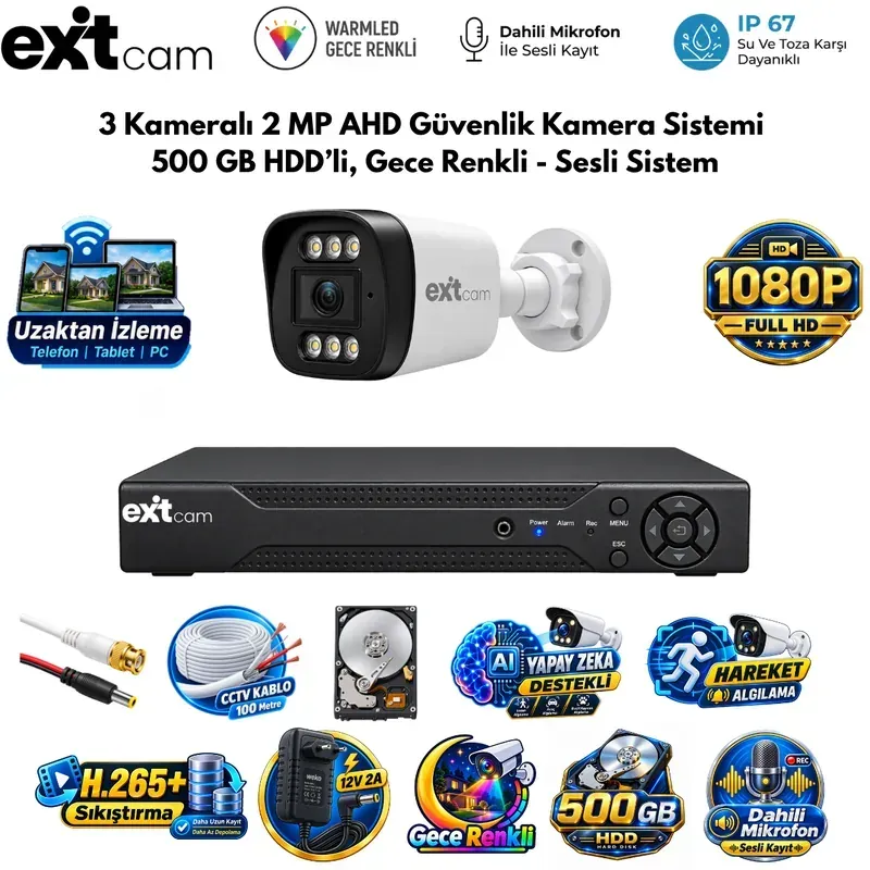 ExitCam 3 Kameralı 2 MP Full HD AHD Güvenlik Kamera Sistemi (500 GB HDD Takılı, Gece Renkli - Sesli Sistem)