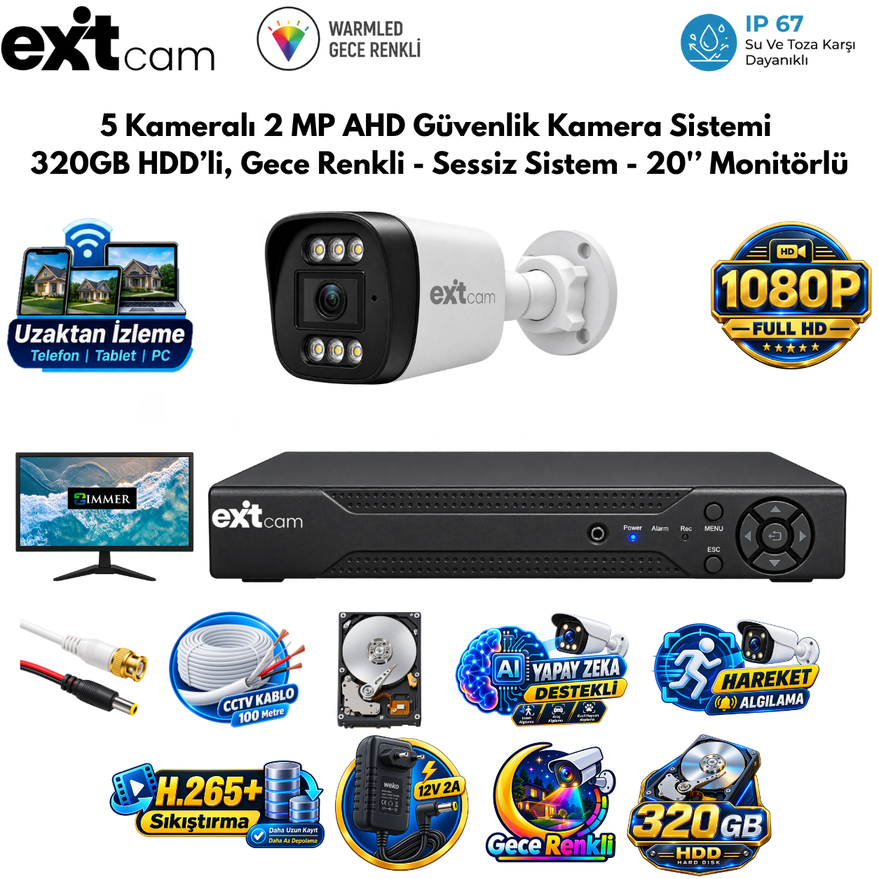 ExitCam 5 Kameralı 2 MP Full HD AHD Güvenlik Kamera Sistemi (320 GB HDD Takılı, Gece Renkli - Sessiz Sistem - 20" Monitörlü)