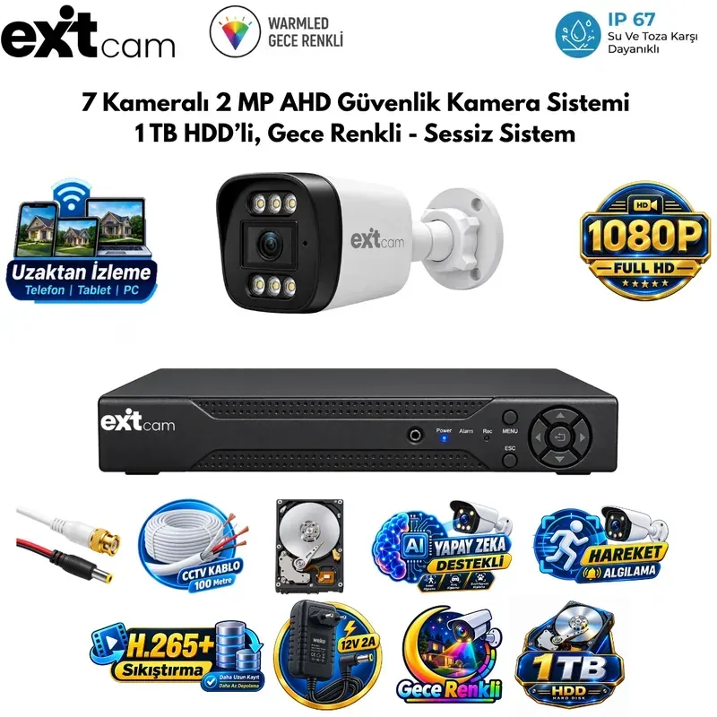 ExitCam 7 Kameralı 2 MP Full HD AHD Güvenlik Kamera Sistemi (1 TB HDD Takılı, Gece Renkli - Sessiz Sistem)