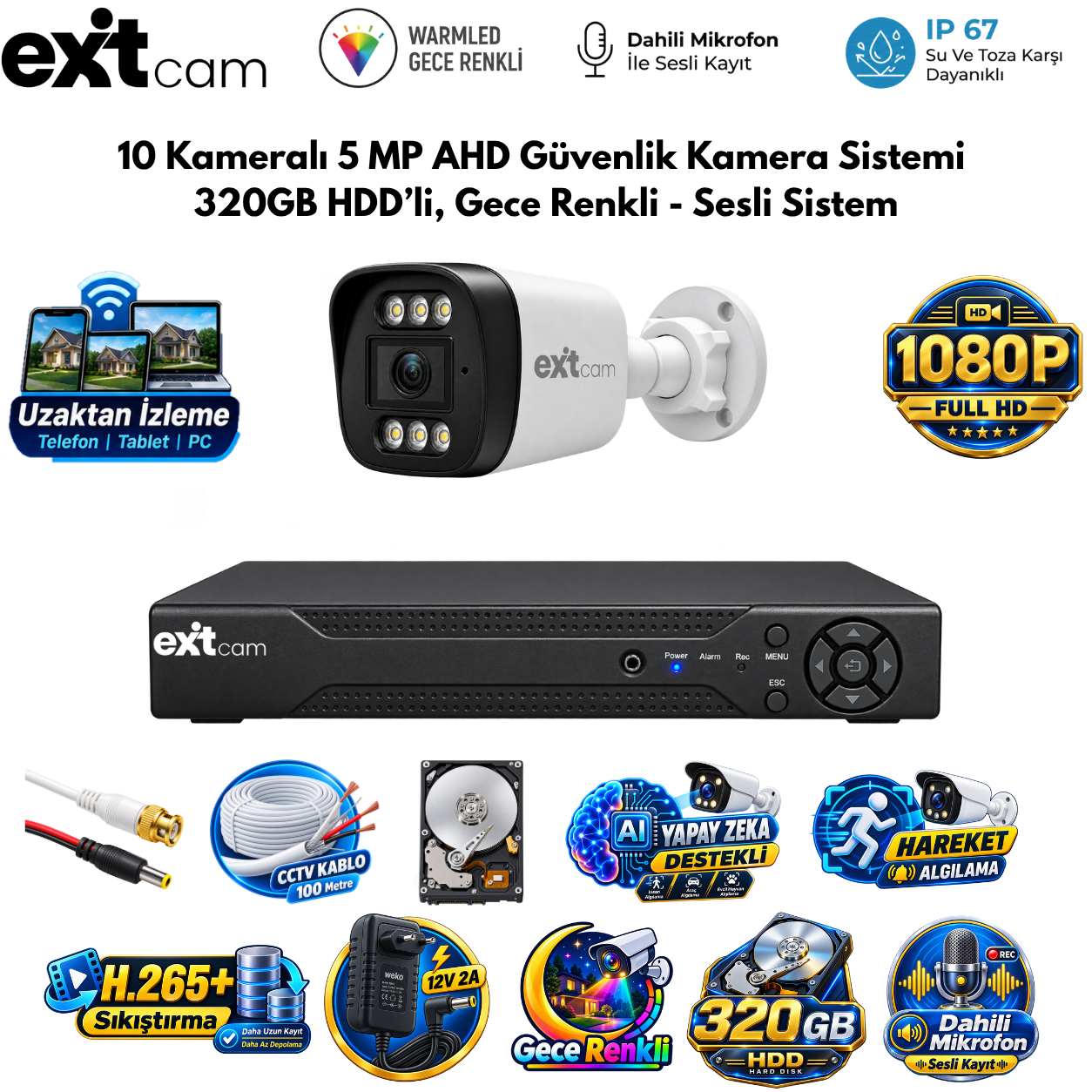 ExitCam 10 Kameralı 5 MP Ultra HD AHD Güvenlik Kamera Sistemi (320 GB HDD Takılı, Gece Renkli - Sesli Sistem)