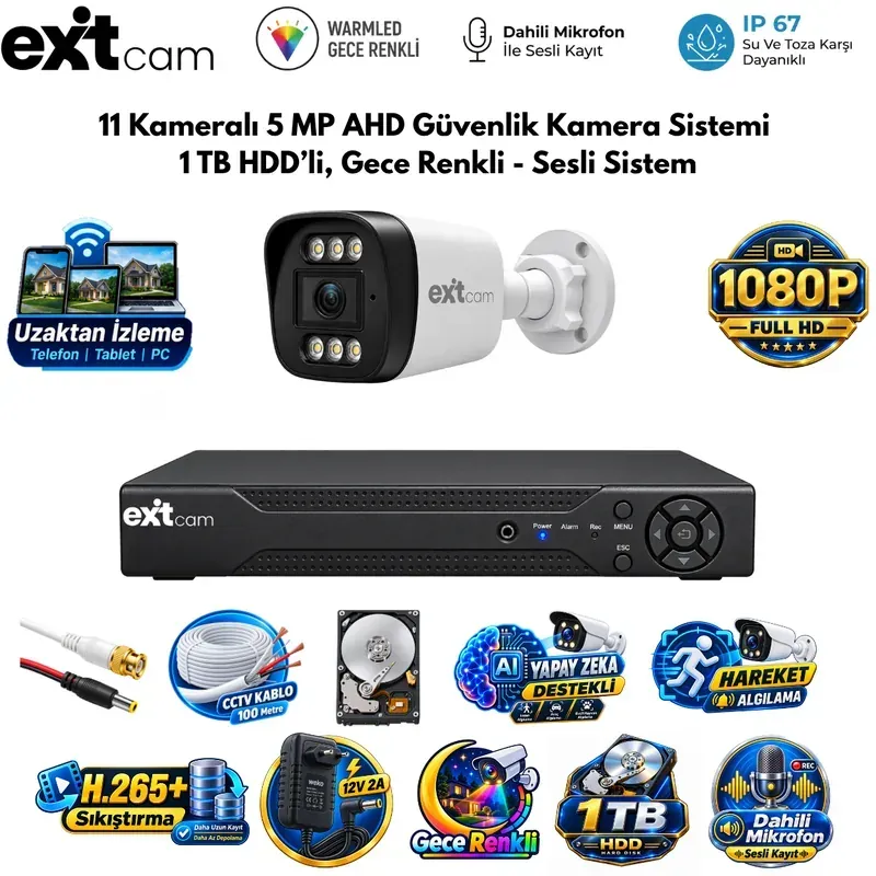 ExitCam 11 Kameralı 5 MP Ultra HD AHD Güvenlik Kamera Sistemi (1 TB HDD Takılı, Gece Renkli - Sesli Sistem)