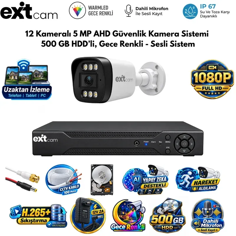 ExitCam 12 Kameralı 5 MP Ultra HD AHD Güvenlik Kamera Sistemi (500 GB HDD Takılı, Gece Renkli - Sesli Sistem)