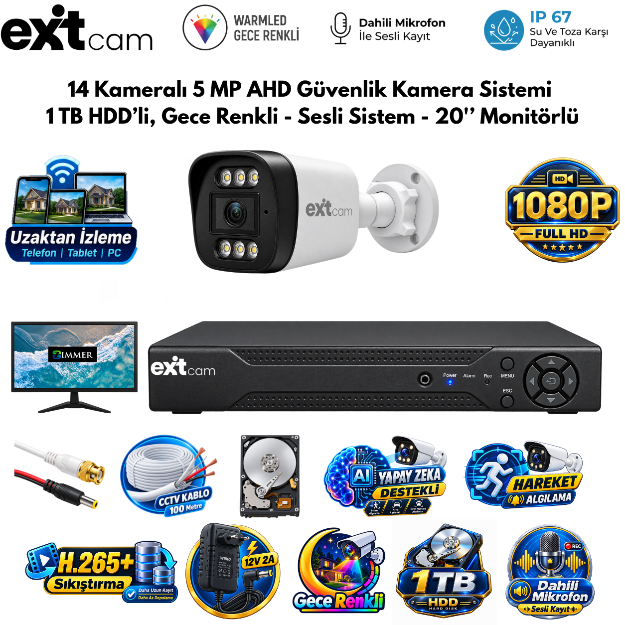 ExitCam 14 Kameralı 5 MP Ultra HD AHD Güvenlik Kamera Sistemi (1 TB HDD Takılı, Gece Renkli - Sesli Sistem - 20" Monitörlü)