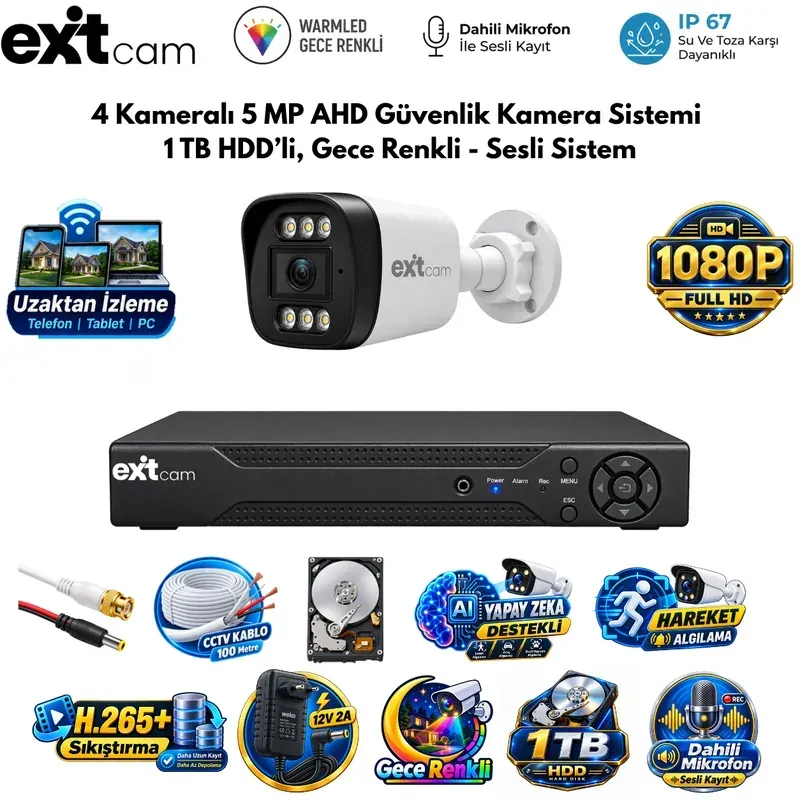 ExitCam 4 Kameralı 5 MP Ultra HD AHD Güvenlik Kamera Sistemi (1 TB HDD Takılı, Gece Renkli - Sesli Sistem)