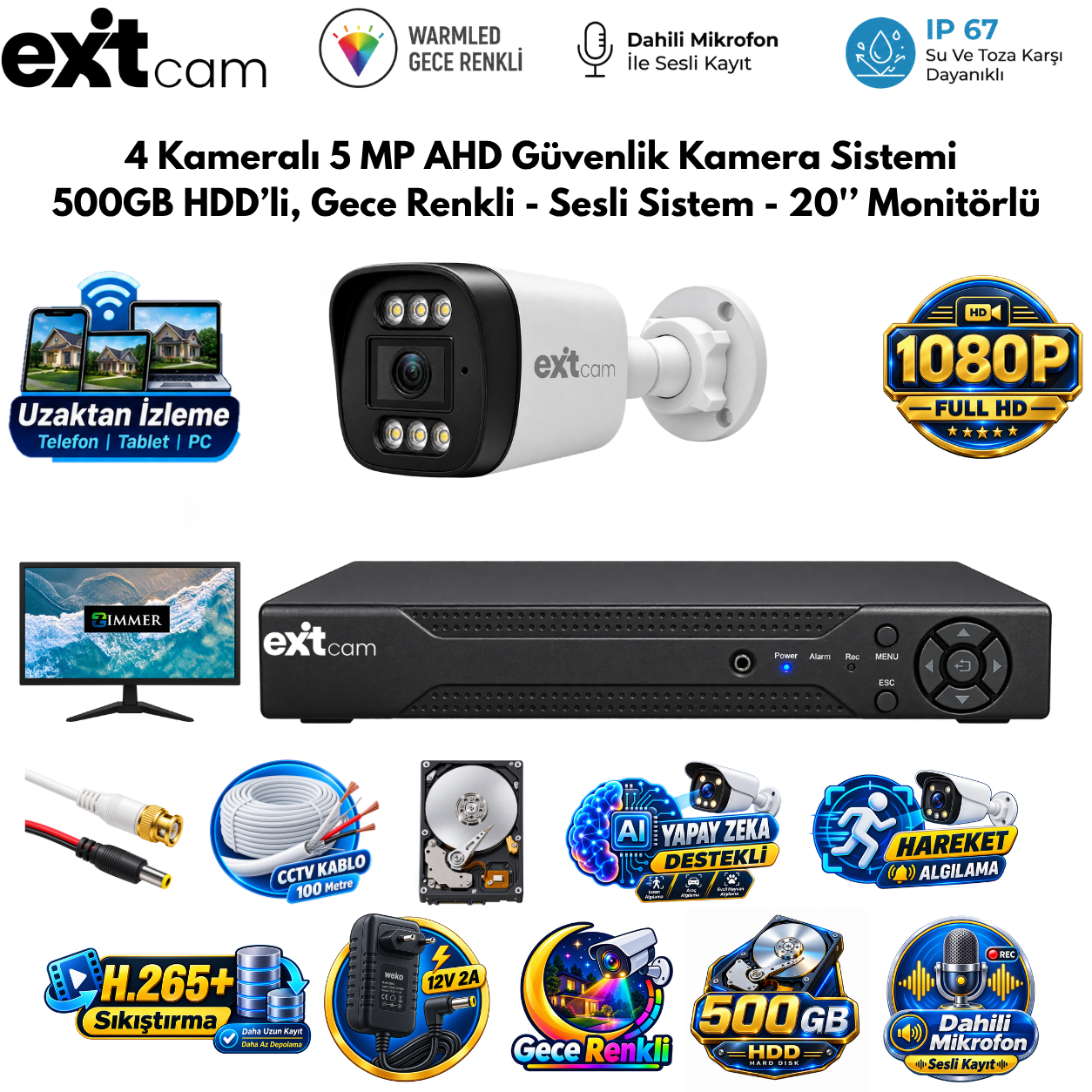 ExitCam 4 Kameralı 5 MP Ultra HD AHD Güvenlik Kamera Sistemi (500 GB HDD Takılı, Gece Renkli - Sesli Sistem - 20" Monitörlü)