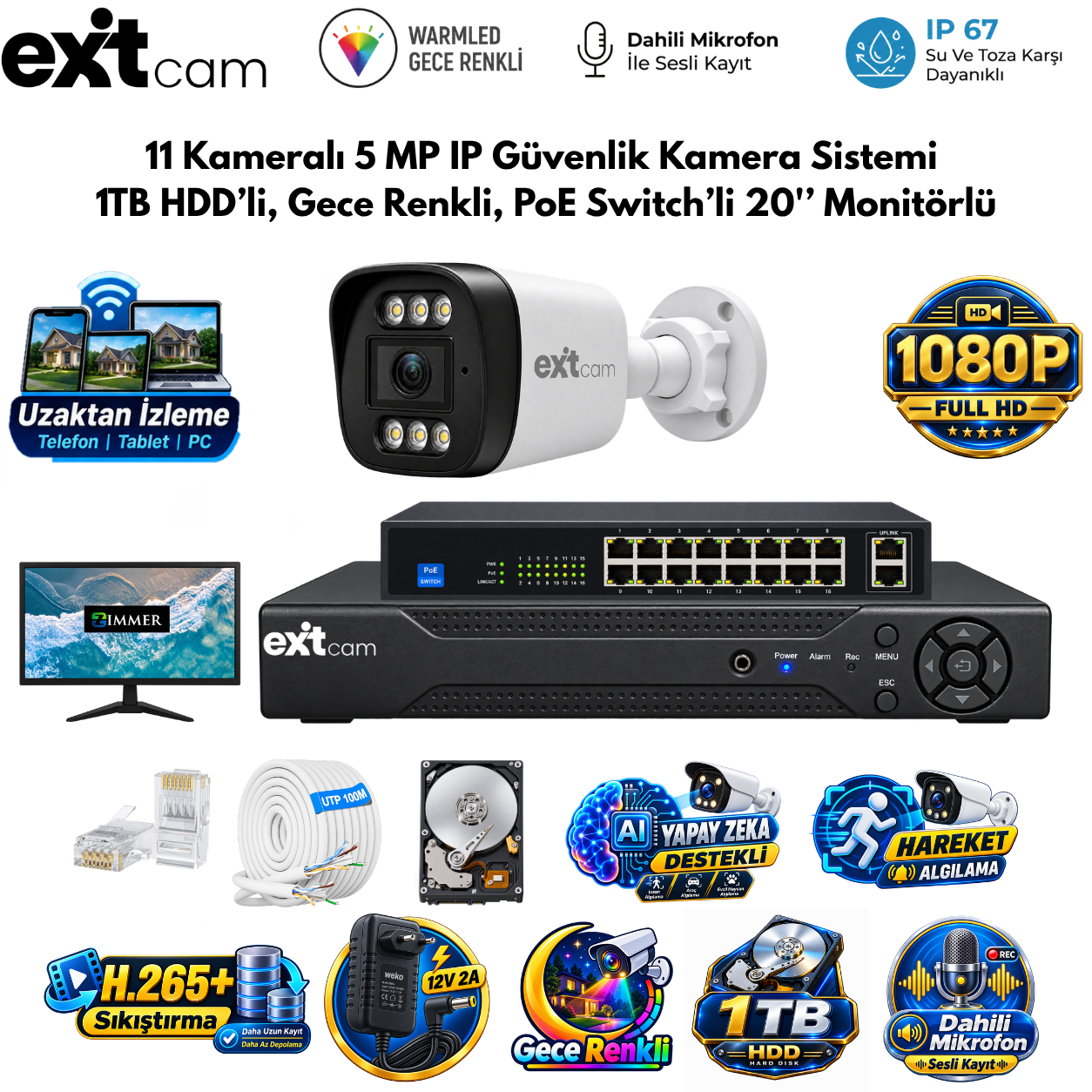 ExitCam 11 Kameralı 5 MP IP Güvenlik Kamera Sistemi (1 TB HDD Takılı, Gece Renkli, PoE Switchli - 20" Monitörlü)