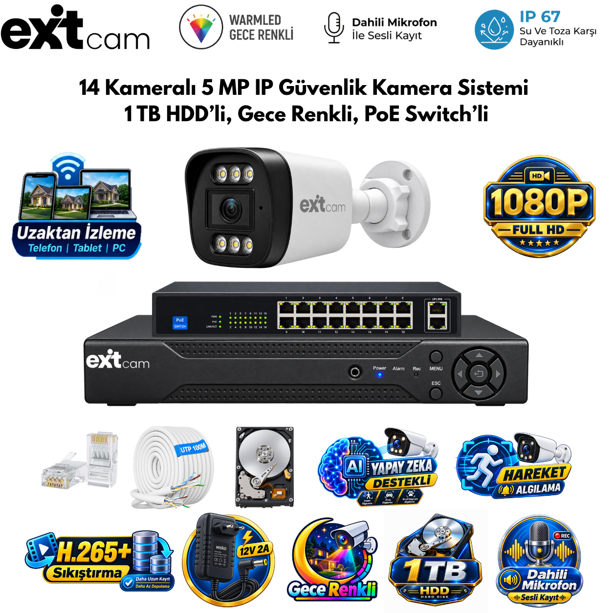 ExitCam 14 Kameralı 5 MP IP Güvenlik Kamera Sistemi (1 TB HDD Takılı, Gece Renkli, PoE Switchli)