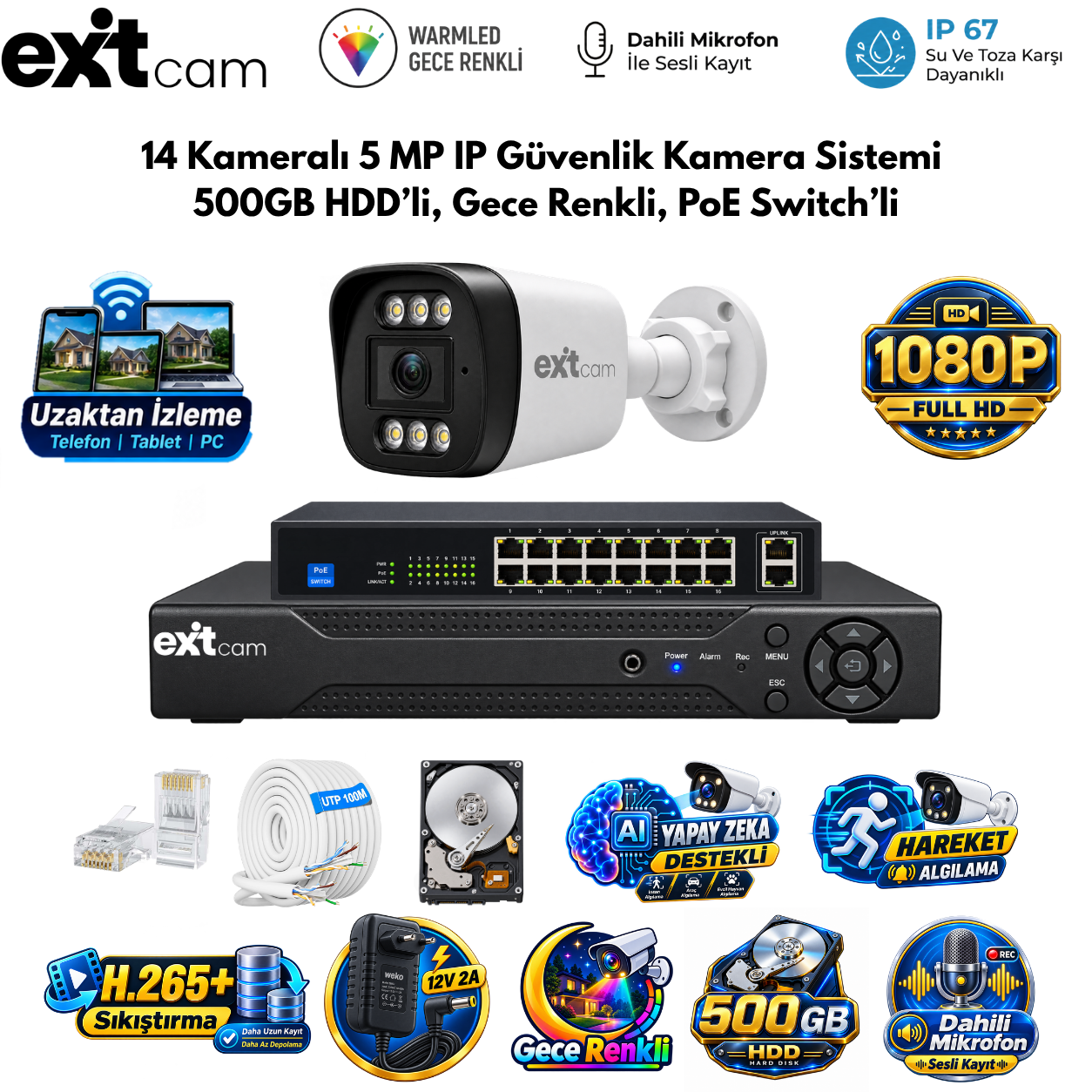 ExitCam 14 Kameralı 5 MP IP Güvenlik Kamera Sistemi (500 GB HDD Takılı, Gece Renkli, PoE Switchli)