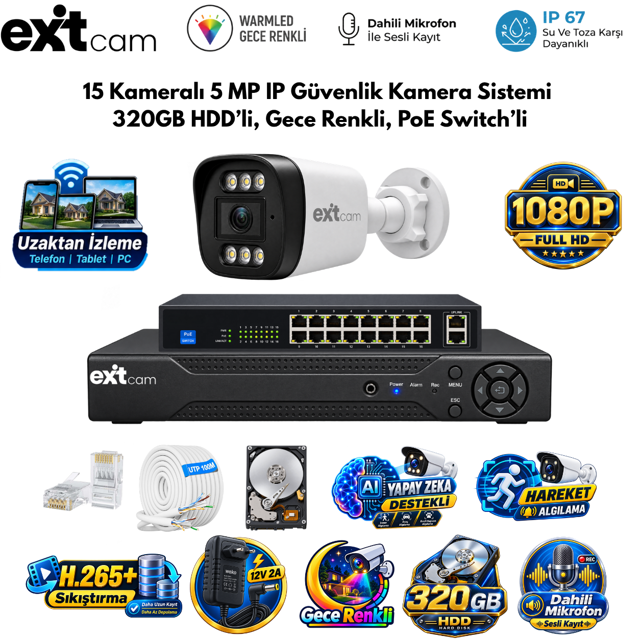 ExitCam 15 Kameralı 5 MP IP Güvenlik Kamera Sistemi (320 GB HDD Takılı, Gece Renkli, PoE Switchli)