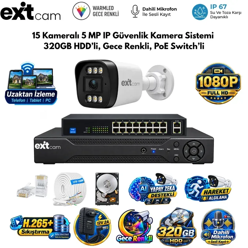 ExitCam 15 Kameralı 5 MP IP Güvenlik Kamera Sistemi (320 GB HDD Takılı, Gece Renkli, PoE Switchli)