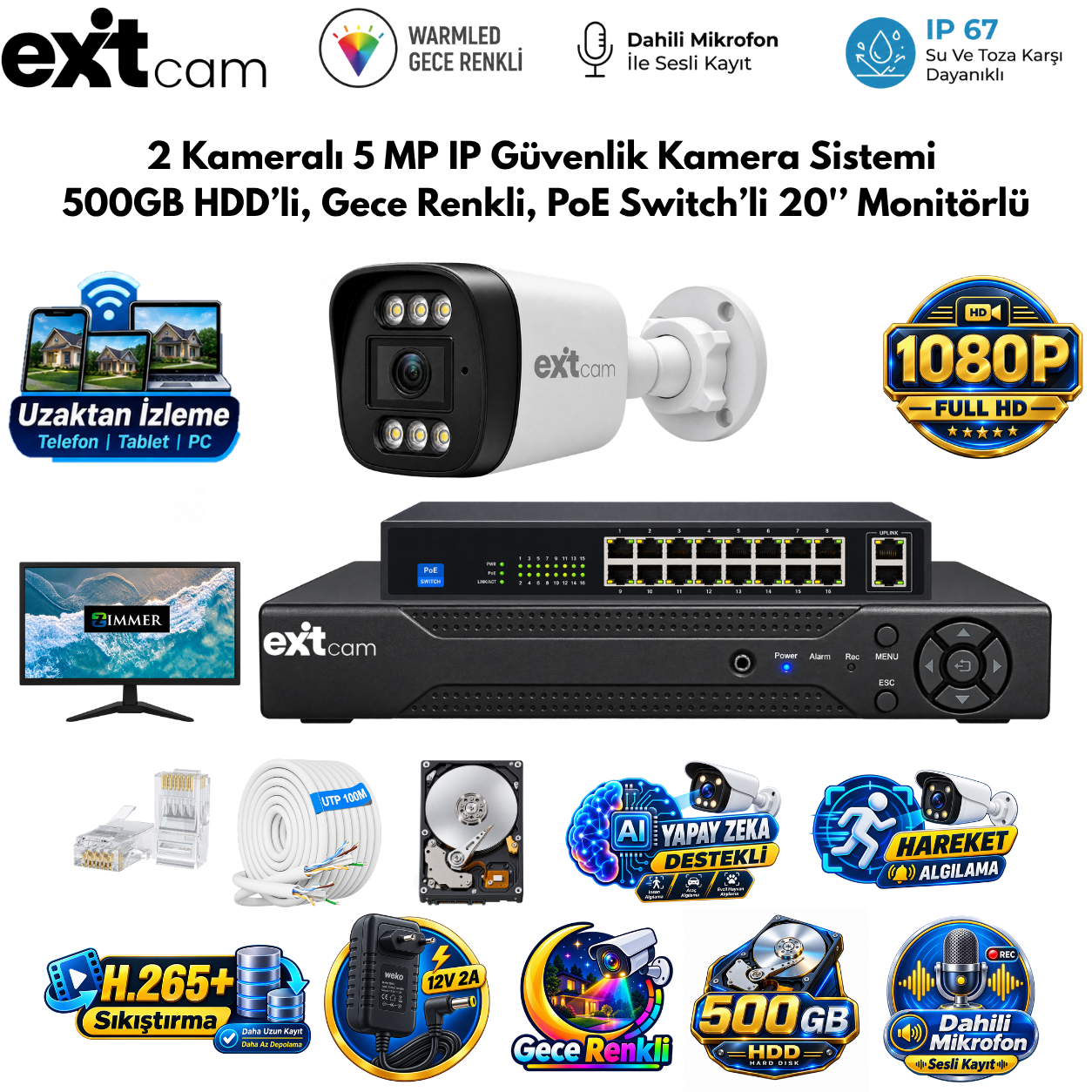 ExitCam 2 Kameralı 5 MP IP Güvenlik Kamera Sistemi (500 GB HDD Takılı, Gece Renkli, PoE Switchli - 20" Monitörlü)